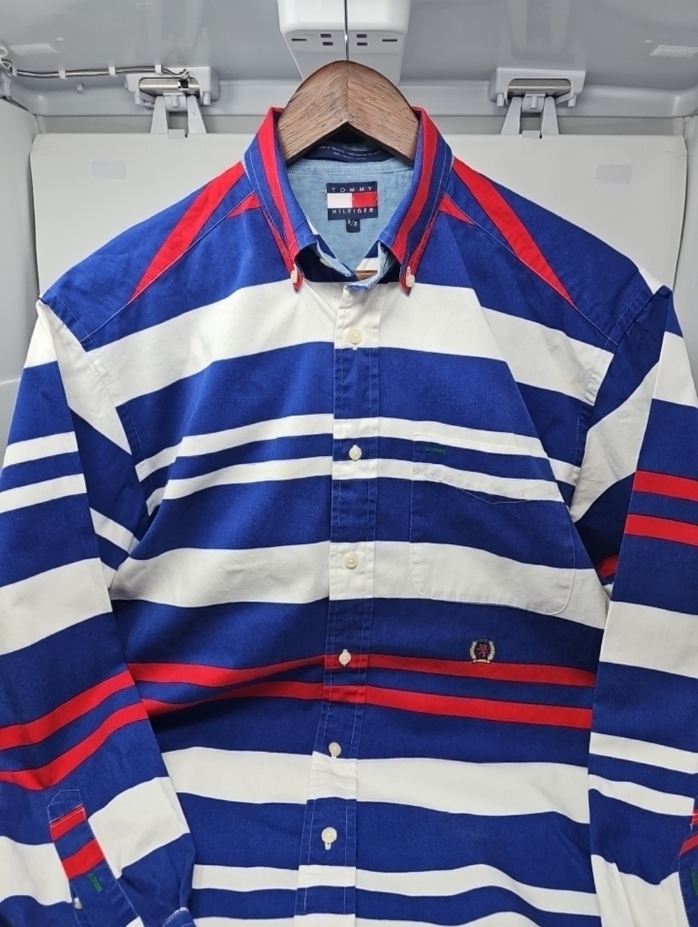 Vintage Tommy Hilfiger Men’s Blue, White & Red Striped Button-Down Shirt